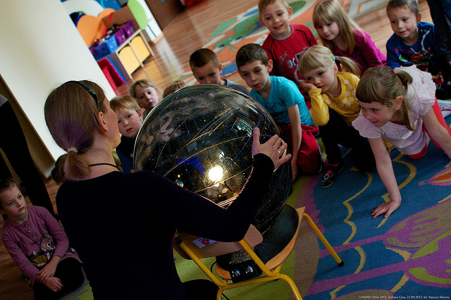children in a Polish classroom are learning about the planets